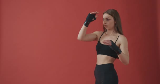 Side View Sporty Fit Slim Female Standing Boxing Kicking Raising — Stock Video