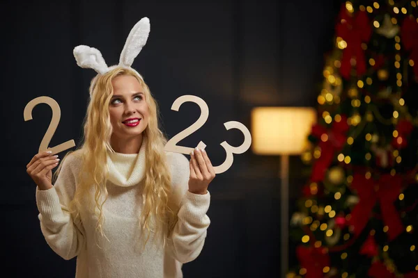 Vooraanzicht Van Verleidelijke Blonde Vrouw Met Gebreide Trui Konijnenoren Omhoog — Stockfoto