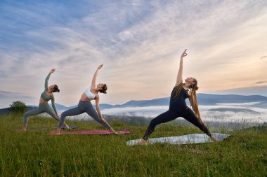 Sağlıklı ve sportif üç kadın yaz günü açık havada yoga minderinde vücut esnetiyorlar. Aktif giyinen bayan arkadaşlar güzel dağların arasında birlikte eğitim görüyorlar..