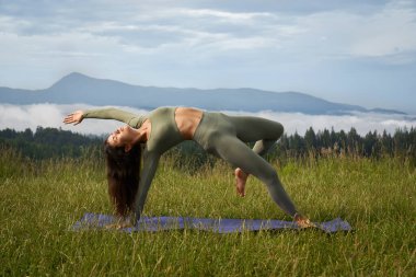 Spor elbiseli aktif genç bir kadın temiz hava üzerinde çalışmak için boş zaman harcıyor. Koyu saçlı beyaz kadın yoga minderi üzerinde esnek egzersizler yapıyor..
