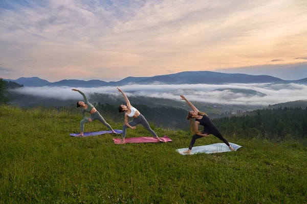 Group of young female friends in sport clothes spending summer day for yoga practice among green mountains. Concept of people, body care and outdoors activity.