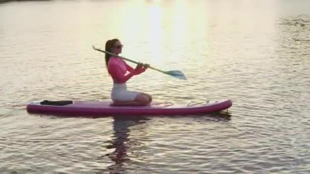 魅力的な女性がボードの上に座って 背景に素晴らしい夕日とパドルで漕いでいます 夏の間のウォータースポーツ 健康的なライフスタイル — ストック動画