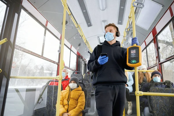 Front View Crowd Traveling Public Transport Wearing Medical Masks Gloves — Photo