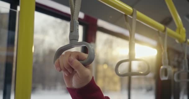 Close Paasanger Holding Handle Bus Man Wearing Sprty Clothes Traveling — Wideo stockowe