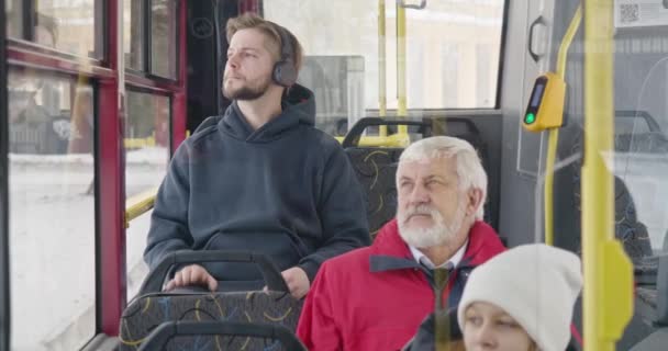 Front View Passengers Traveling Public Transport Boy Earphones Listening Music — Stok video
