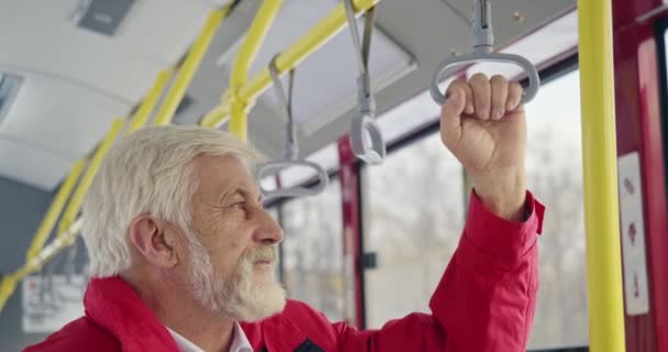 Close Old Male Holding Bus Handle Male Grey Hair Beard — Stock videók