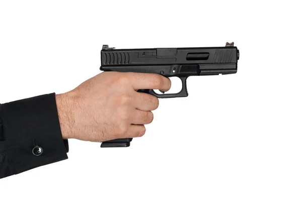 Close Short Barrelled Handgun Typical Firearm Held Males Hand Crop — Stock Photo, Image