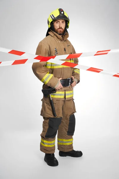 Serious Firefighter Full Gear Standing Red White Signal Tape Front — Stock Photo, Image