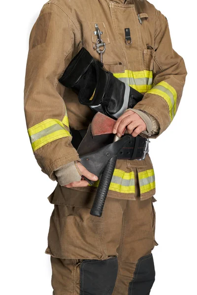 Анонимный Пожарный Вытаскивает Молоток Черной Кобуры Вид Урожай Пожарного Защитном — стоковое фото