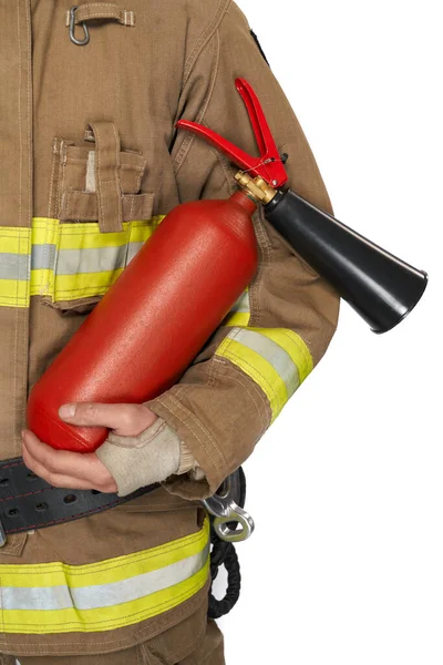 Anonymous Male Firefighter Wearing Uniform Red Extinguisher Close View Fireman — Stock Photo, Image