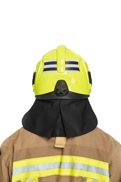 Unrecognizable Firefighter Yellow Protective Helmet Uniform Studio Back View Anonymous — Stock Photo, Image