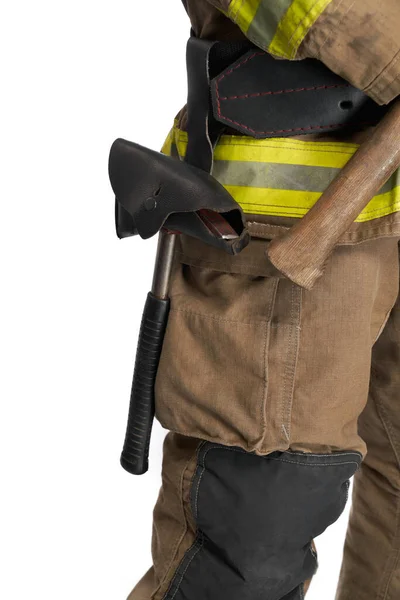 Crop View Male Firefighter Carrying Fire Tools Black Holder Close — Stock Photo, Image
