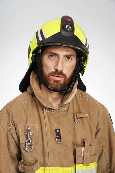Exhausted Caucasian Firefighter Helmet Tiredly Looking Camera Indoors Portrait Fatigued — Stock Photo, Image