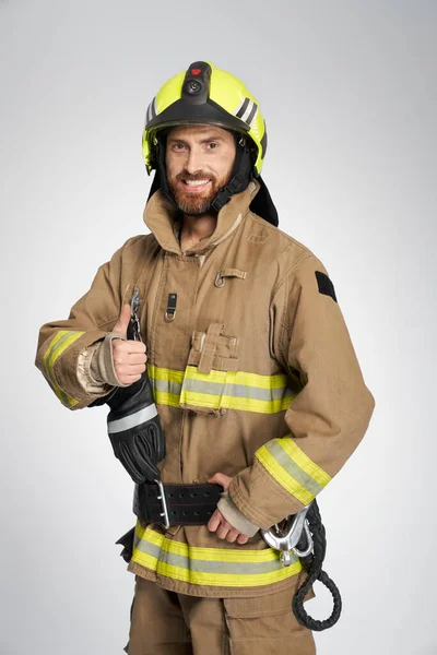 Professional Firefighter Showing Thumb Camera Studio Portrait Handsome Bearded Fireman — Stock Photo, Image