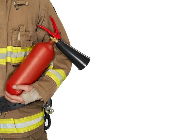 Kırmızı Yangın Söndürücü Tutan Üniformalı Tanınmayan Bir Erkek Itfaiyeci Yangın — Stok fotoğraf