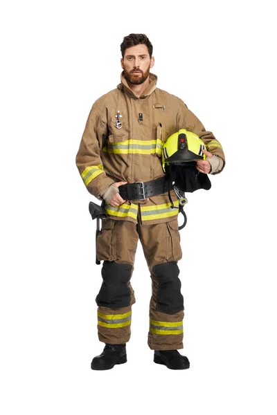 Tired Bearded Firefighter Uniform Holding Protective Helmet Front View Dark Stock Image