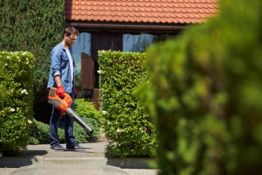 Park alanında profesyonel yaprak üfleyicisiyle bölgeyi temizleyen ciddi bir orta yaşlı adam. Sonbahar sabahının erken saatlerinde elinde büyük taşınabilir üfleyici tutan, günlük kıyafetlerle odaklanmış bir adamın yan görüntüsü. İş yeri kavramı.