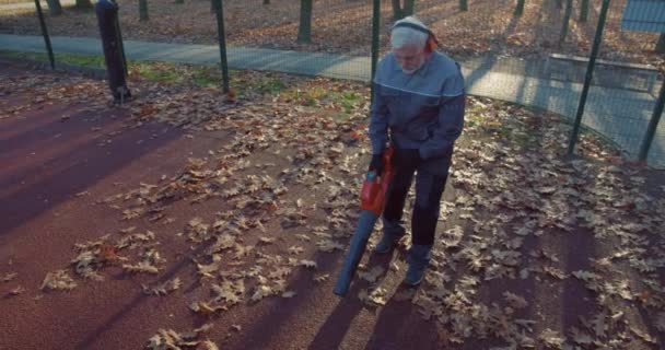 Profesyonel Üniformalı Hademe Autumn City Park Temizlemek Için Elektrikli Yaprak — Stok video