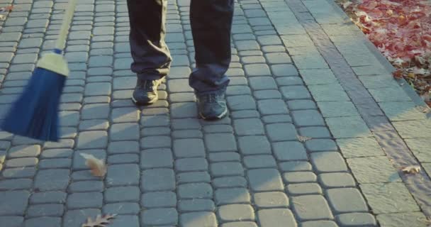 Mannelijke Werknemer Uniform Schoonmaken Herfst Stadspark Met Blauwe Bezem Sluiten — Stockvideo