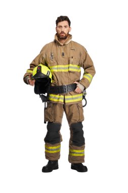 Serious bearded firefighter in uniform holding protective helmet in studio. Front view of middle aged male fireman with safety helmet, isolated on white studio background. Workplace, job concept. clipart