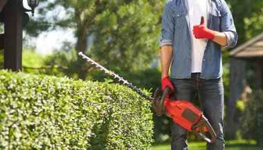Arka bahçede elektrikli çit biçme makinesiyle dikilirken eldivenli isimsiz kaslı bahçıvan baş parmağını kaldırıyor. Erkek işçinin jest yaparak kutuları budarken görüntüsü. İş kavramı.