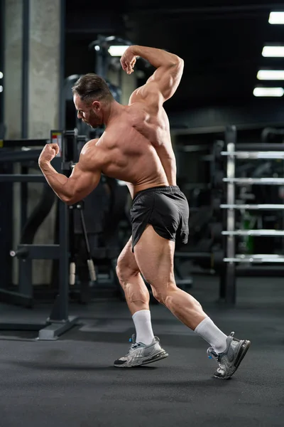 Skjorteløs Kaukasisk Kroppsbygger Som Demonstrerer Muskelmasse Gym Full Lengde Attraktive – stockfoto
