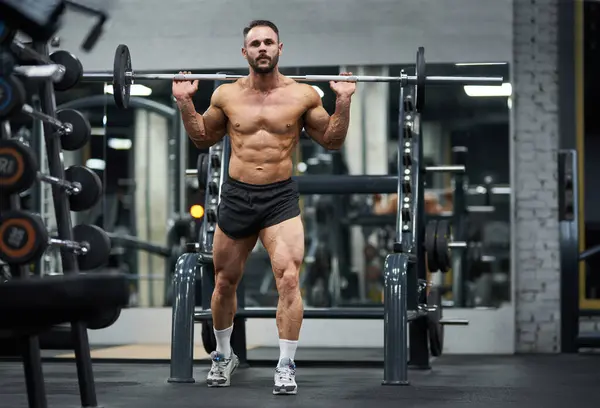 Determined Strong Athlete Black Shorts Holding Heavy Barbell Gym Full Stock Photo