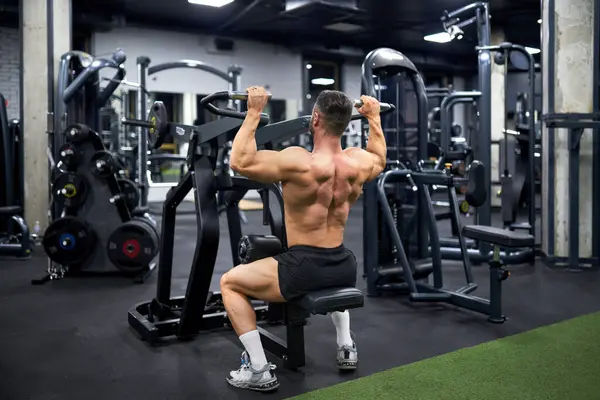 Attractive Muscular Man Doing Exercise Training Apparatus Sports Gym Back Stock Image