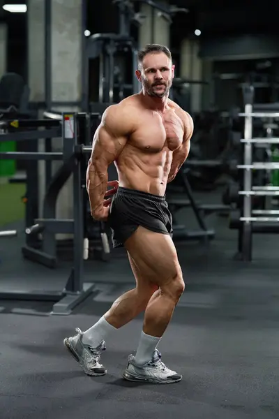 Tanned Caucasian Male Bodybuilder Demonstrating Side Triceps Pose Modern Gym Fotografia Stock