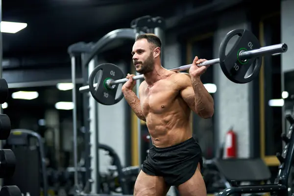 Determined Strong Athlete Black Shorts Holding Heavy Barbell Gym Side Royalty Free Stock Photos