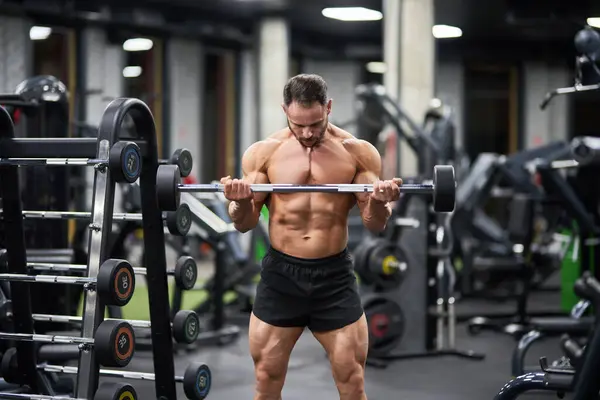 Starker Männlicher Athlet Mit Langhantel Gewichtheben Fitnessstudio Vorderansicht Eines Muskulösen lizenzfreie Stockbilder