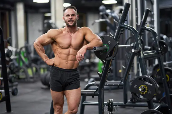 Bearded Sportsman Posing While Leaning Training Apparatus Gym Front View Royalty Free Stock Photos