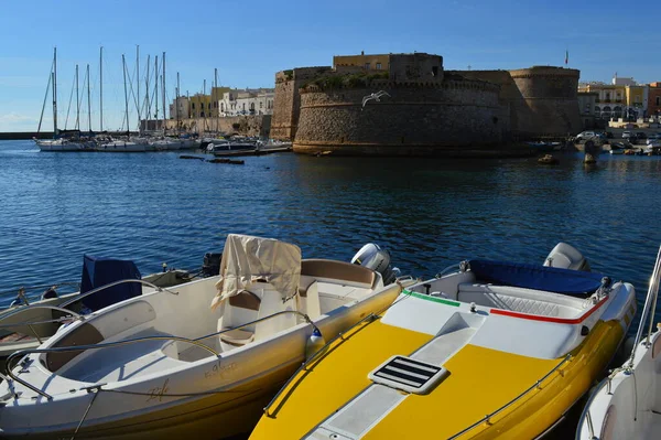 Panorama Centro Histórico Puerto Gallipoli Con Barcos Barcos — Foto de Stock