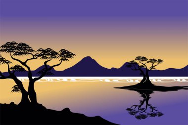 Renkli mangrov ağaçlarının silueti ile panoramik plaj manzarası