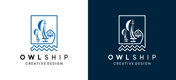 Basit baykuş şekilli gemi okyanus dalgaları üzerinde yaratıcı çizgili sanat logosu tasarımı ile yüzüyor.