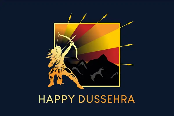 Lord Rama 'nın Navratri Festivali Hint Festivali' ndeki vektör illüstrasyon tasarımı. Mutlu alacakaranlık, doğayla iç içe insanların silueti.