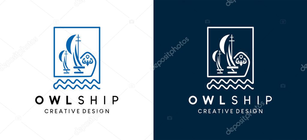 Simple owl shape boat sailing ship on ocean waves with creative line art style logo design