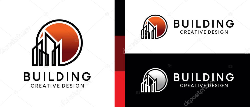 Building vector illustration logo design with sun in creative concept