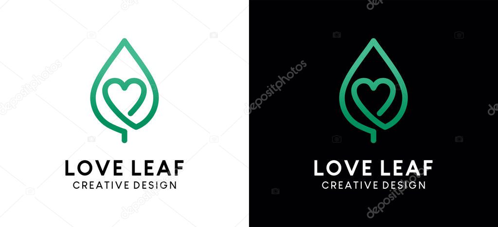Leaf and love logo design with minimalist line art concept
