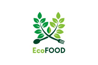 Eko gıda ikonu logosu tasarımı, yapraklı bitki konsepti illüstrasyonlu sağlıklı orgaink yiyecekler.