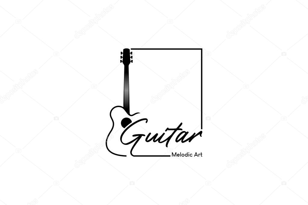 Acoustic guitar in box logo design template, guitar music vector art logo