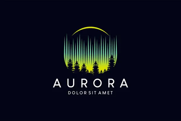 Yeşil sarı aurora borealis logo tasarımı, köknar ağaçlarının üzerinde parlayan kutup gökyüzünün vektör çizimi