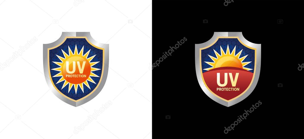 UV protection shield logo design, vector icon symbol of solar ultraviolet rays
