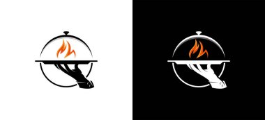 Garsonun elinde ateş sembolü olan tepsi logosu. Tasarım menüsü restoranı, kantin, kafe.