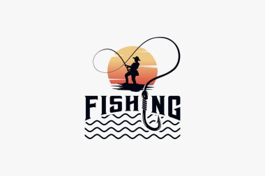 Angler logo tasarım şablonu gündoğumu veya günbatımı arka planında bir kanca atmak