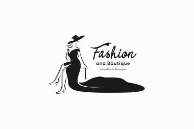 Güzel moda butik logosu, uzun kuyruklu, lüks elbiseli güzel bir kadının vektörü.