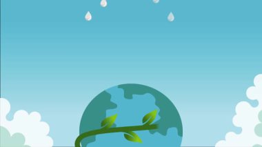 Büyüyen bitkiler ve düşen yağmur damlalarıyla, sürdürülebilirliği, doğayı ve çevresel bakımı sembolize eden yeşil bir Dünya 'nın yaratıcı animasyonu.