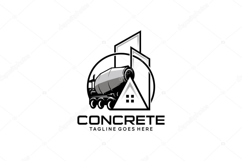 Vector concrete mixer truck logo design with house and building illustration symbol