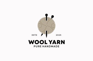 Yün yumağı makarası ve örgü iğnelerinin yaratıcı illüstrasyonuyla logo vektör tasarımı