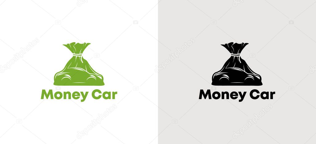 Vector illustration of money sack logo design with car icon symbol inside